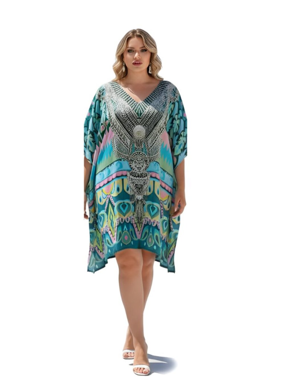Turquoise Digital Print Satin Silk Tunic Dress – Plus Size 1X-3X